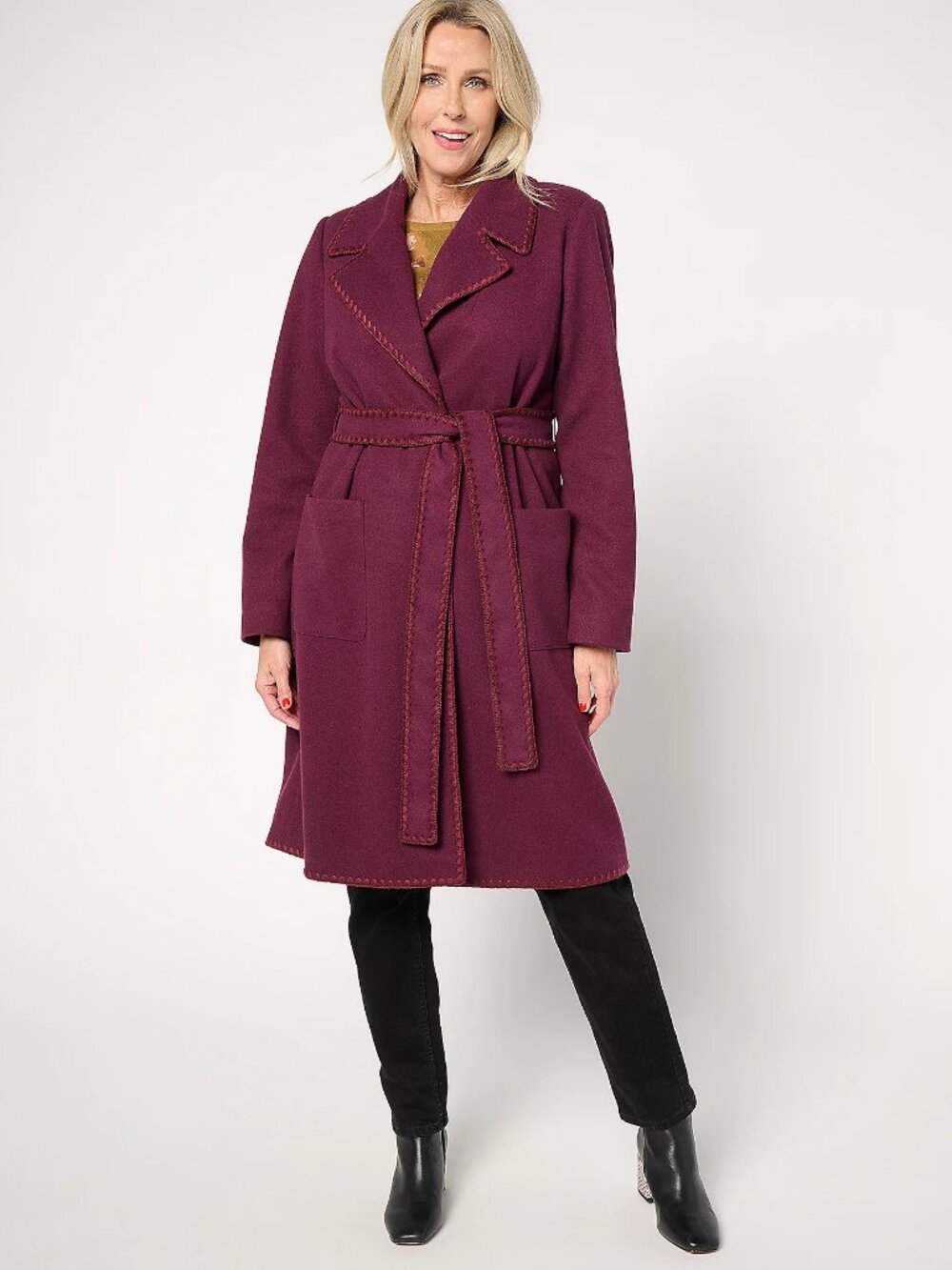 BEAUTIFUL by Lawrence Zarian Belted Double Knit Lined Coat, Sz M a66096